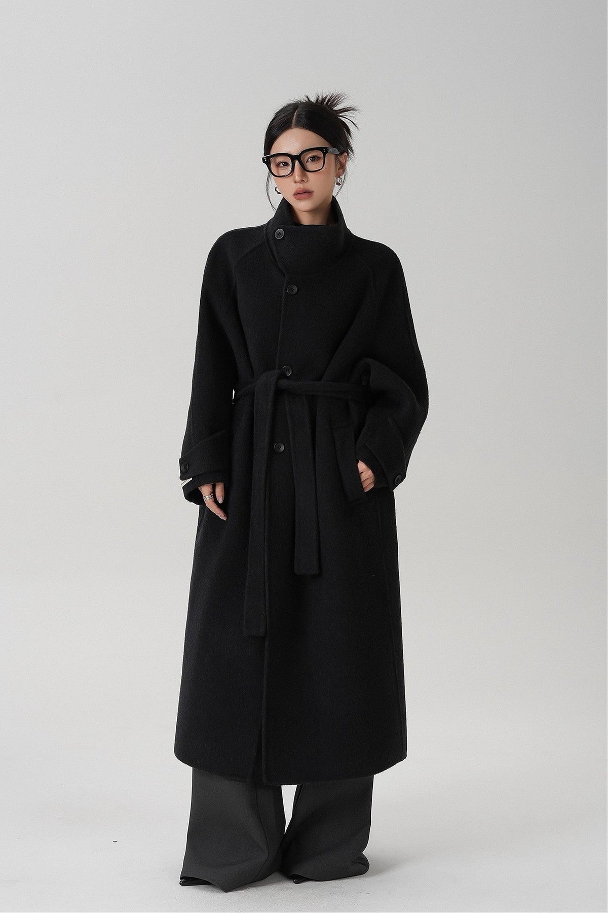 Stand-collar Long Double-faced Wool Coat
