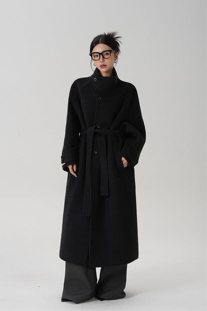 Stand-collar Long Double-faced Wool Coat