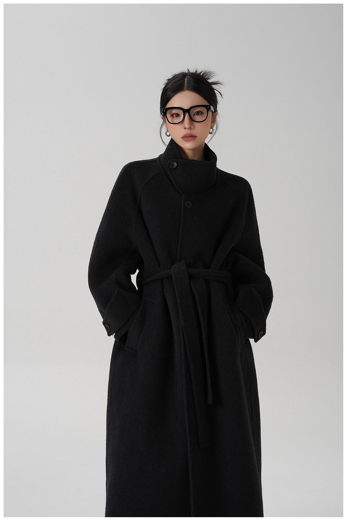 Stand-collar Long Double-faced Wool Coat