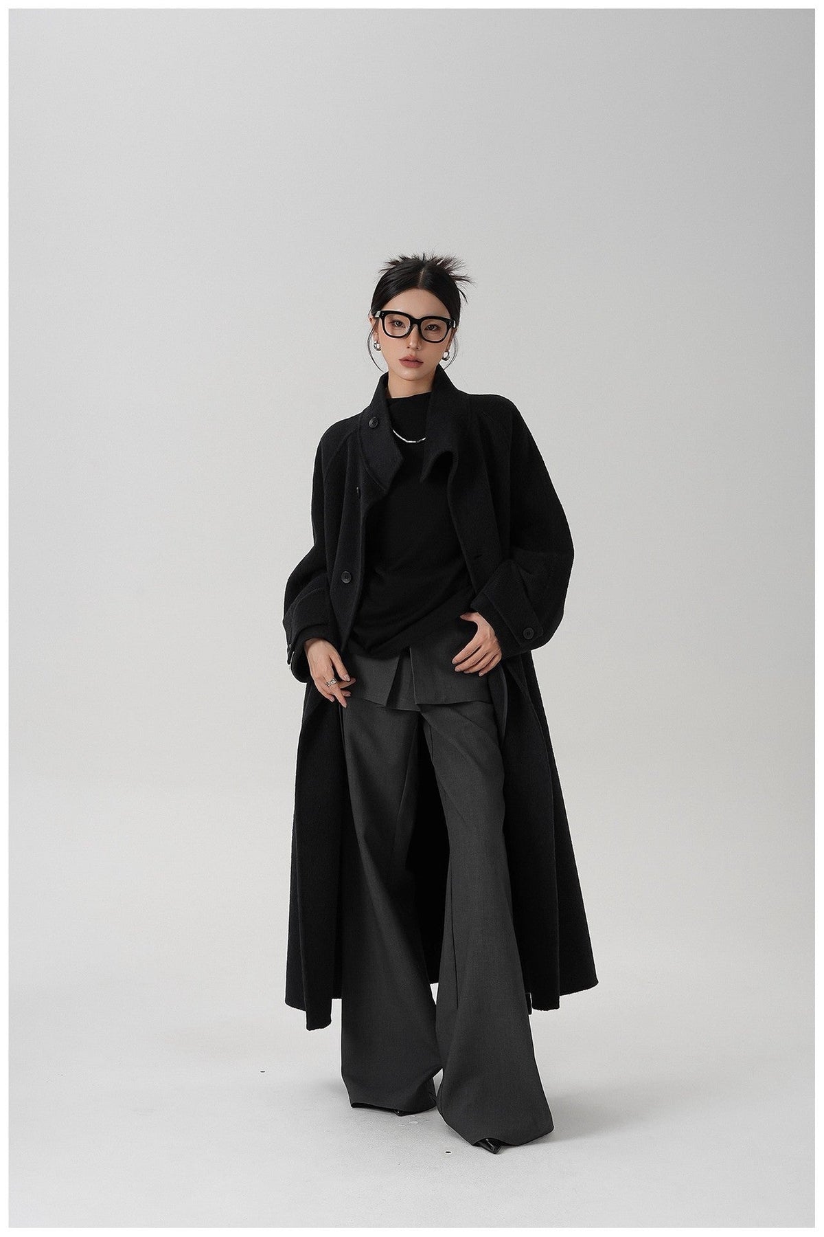 Stand-collar Long Double-faced Wool Coat