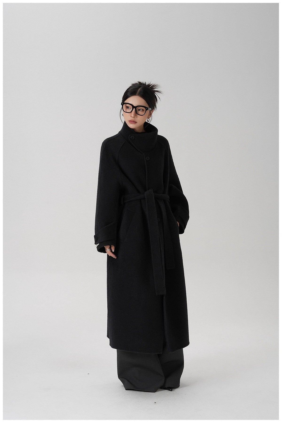 Stand-collar Long Double-faced Wool Coat