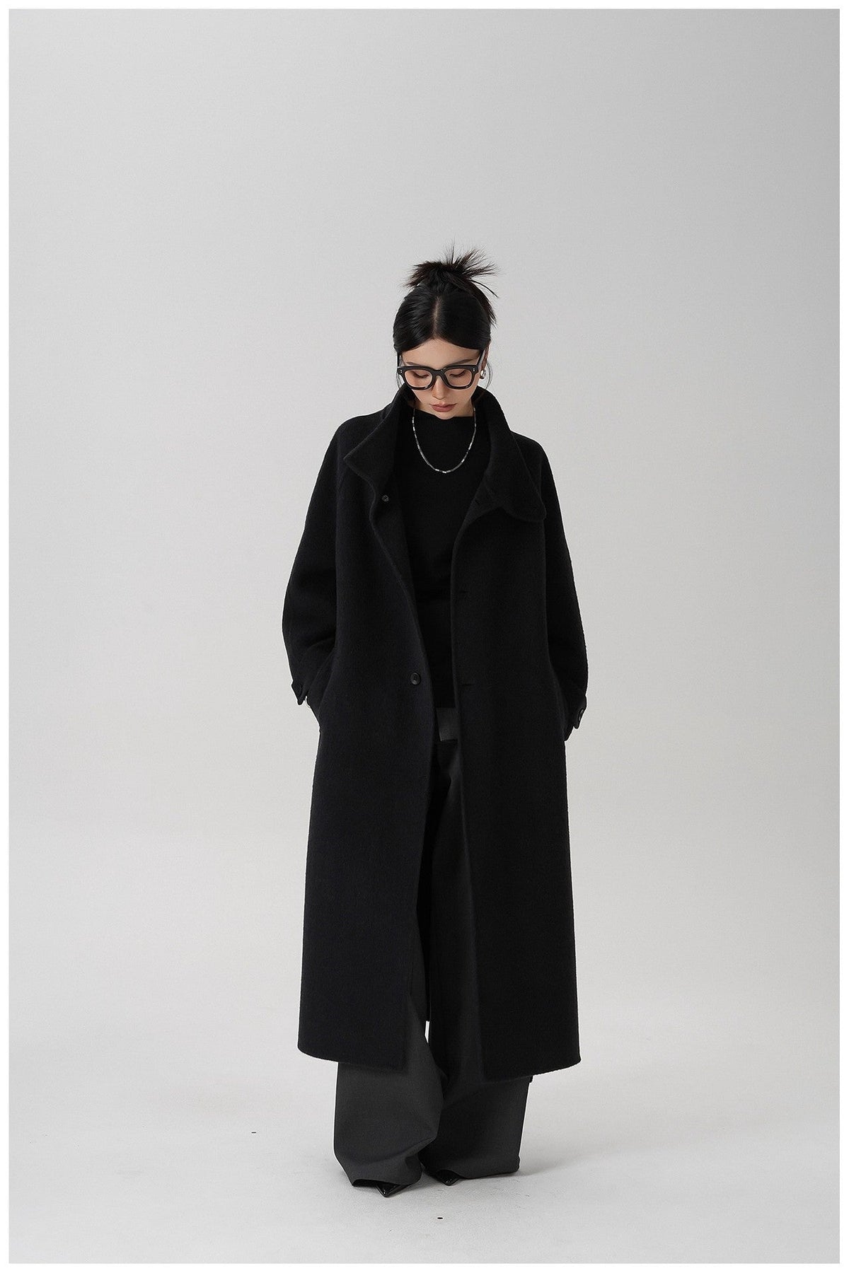 Stand-collar Long Double-faced Wool Coat