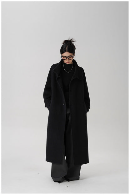 Stand-collar Long Double-faced Wool Coat