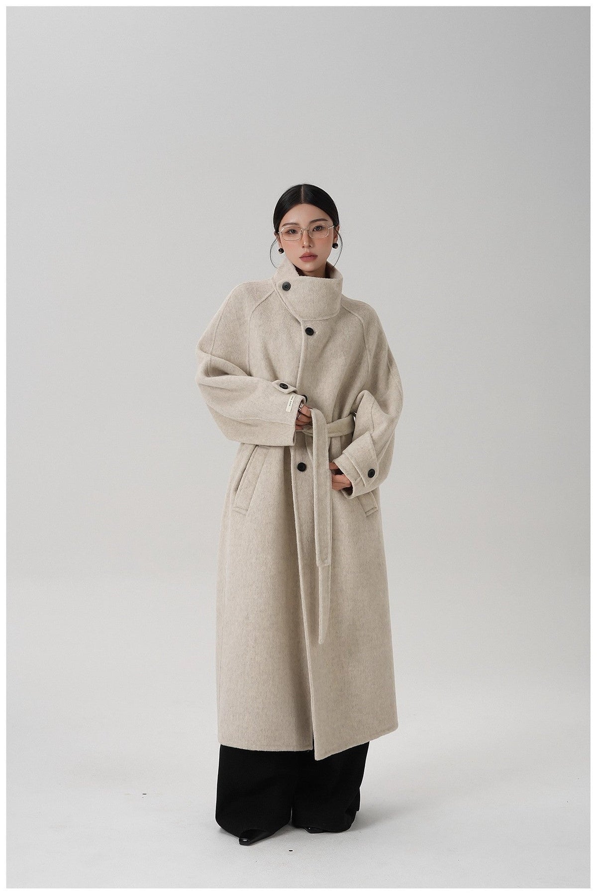 Stand-collar Long Double-faced Wool Coat