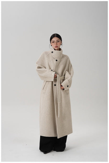 Stand-collar Long Double-faced Wool Coat