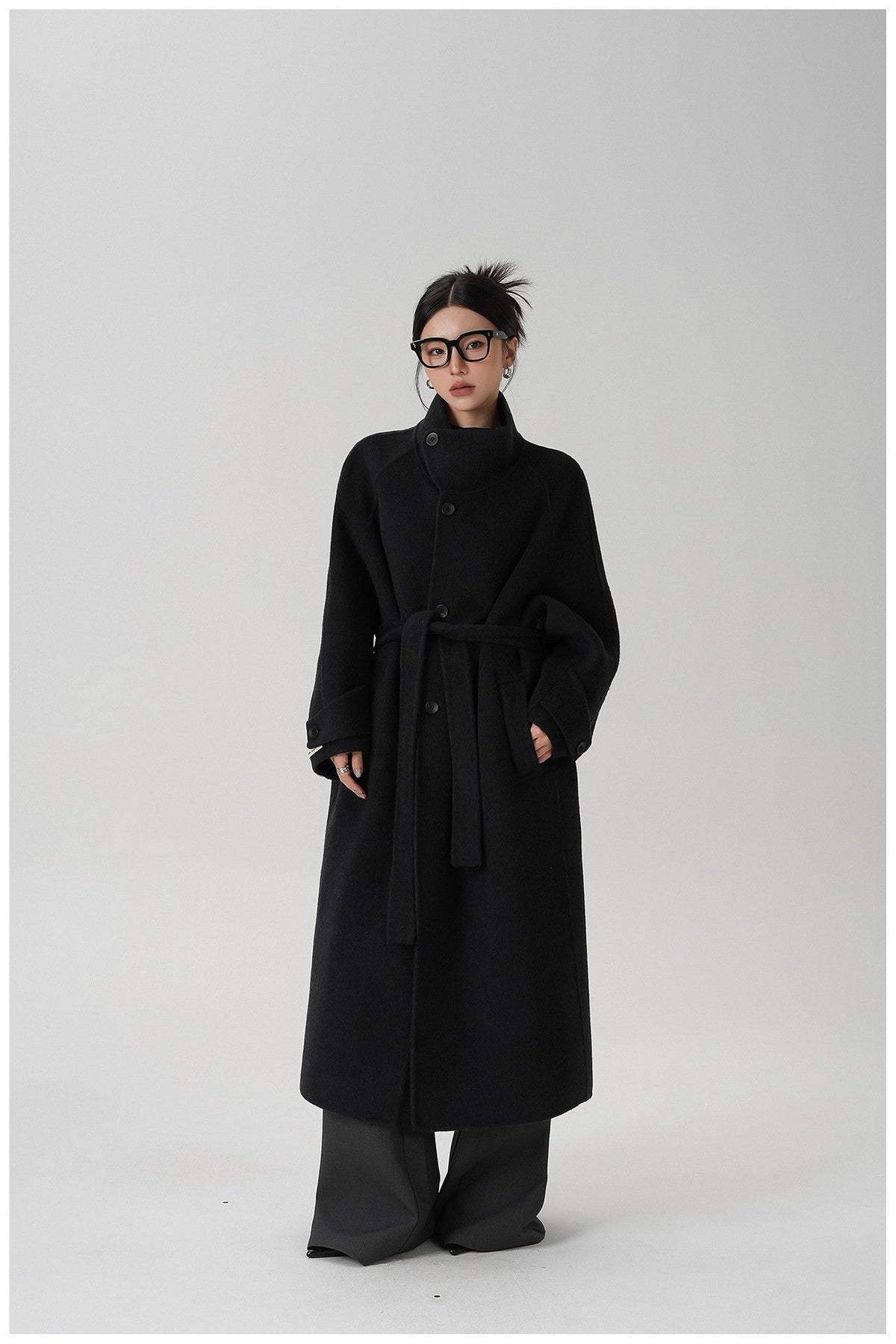 Stand-collar Long Double-faced Wool Coat