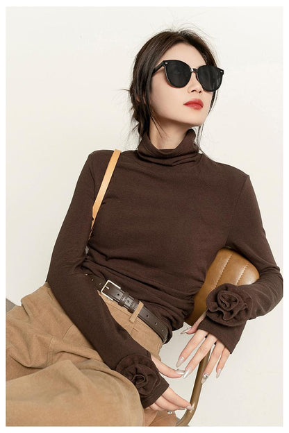 Brown Micro Velvet Lined Turtleneck Bottoming Shirt For Women