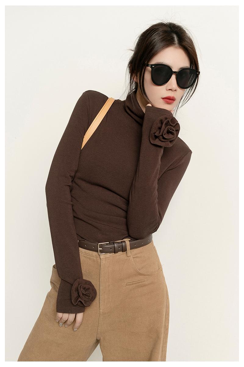 Brown Micro Velvet Lined Turtleneck Bottoming Shirt For Women