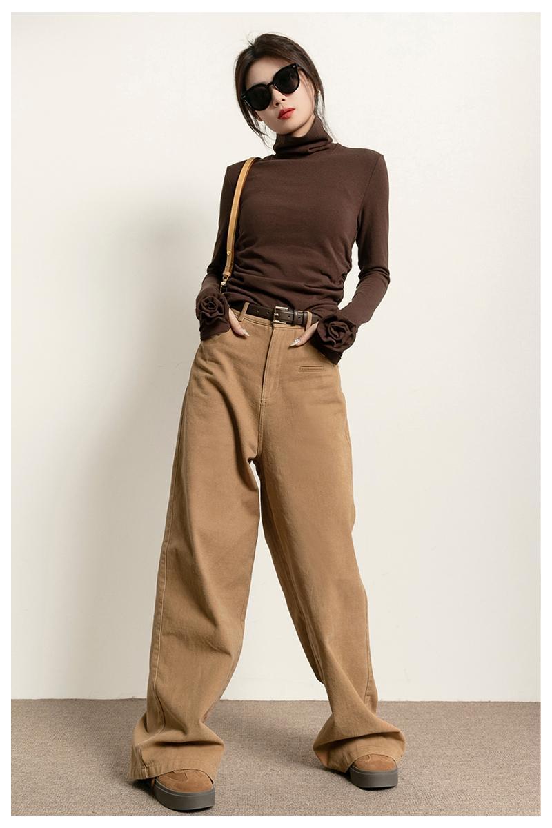 Brown Micro Velvet Lined Turtleneck Bottoming Shirt For Women