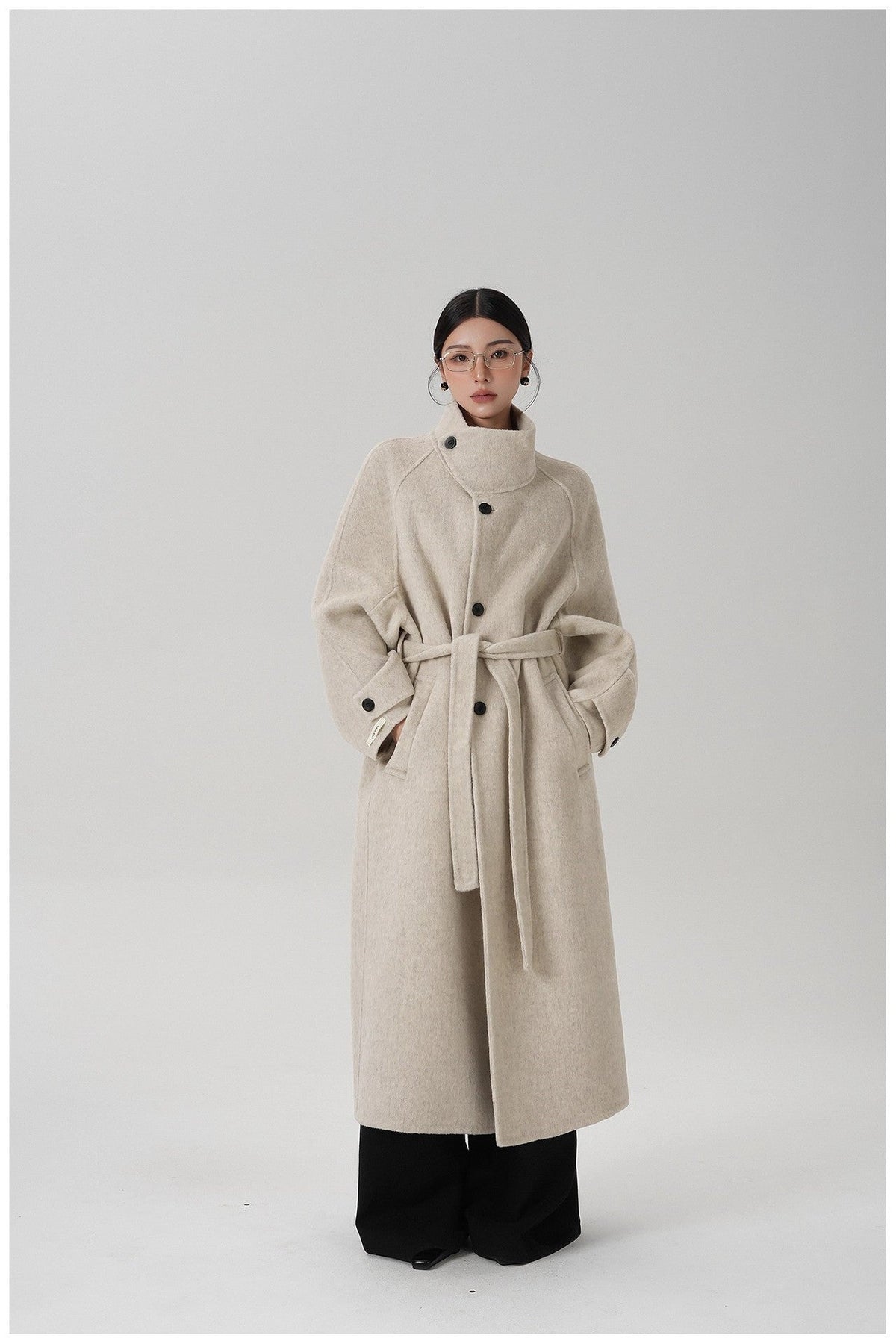 Stand-collar Long Double-faced Wool Coat