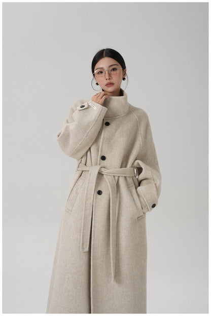 Stand-collar Long Double-faced Wool Coat