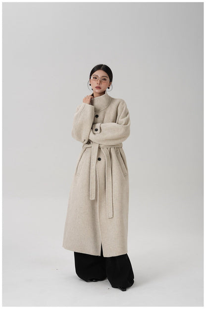 Stand-collar Long Double-faced Wool Coat