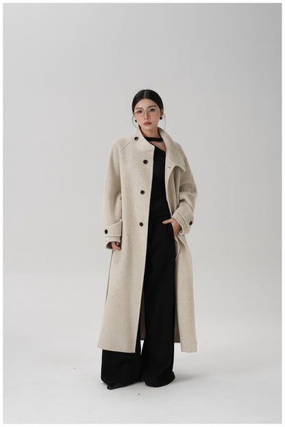 Stand-collar Long Double-faced Wool Coat