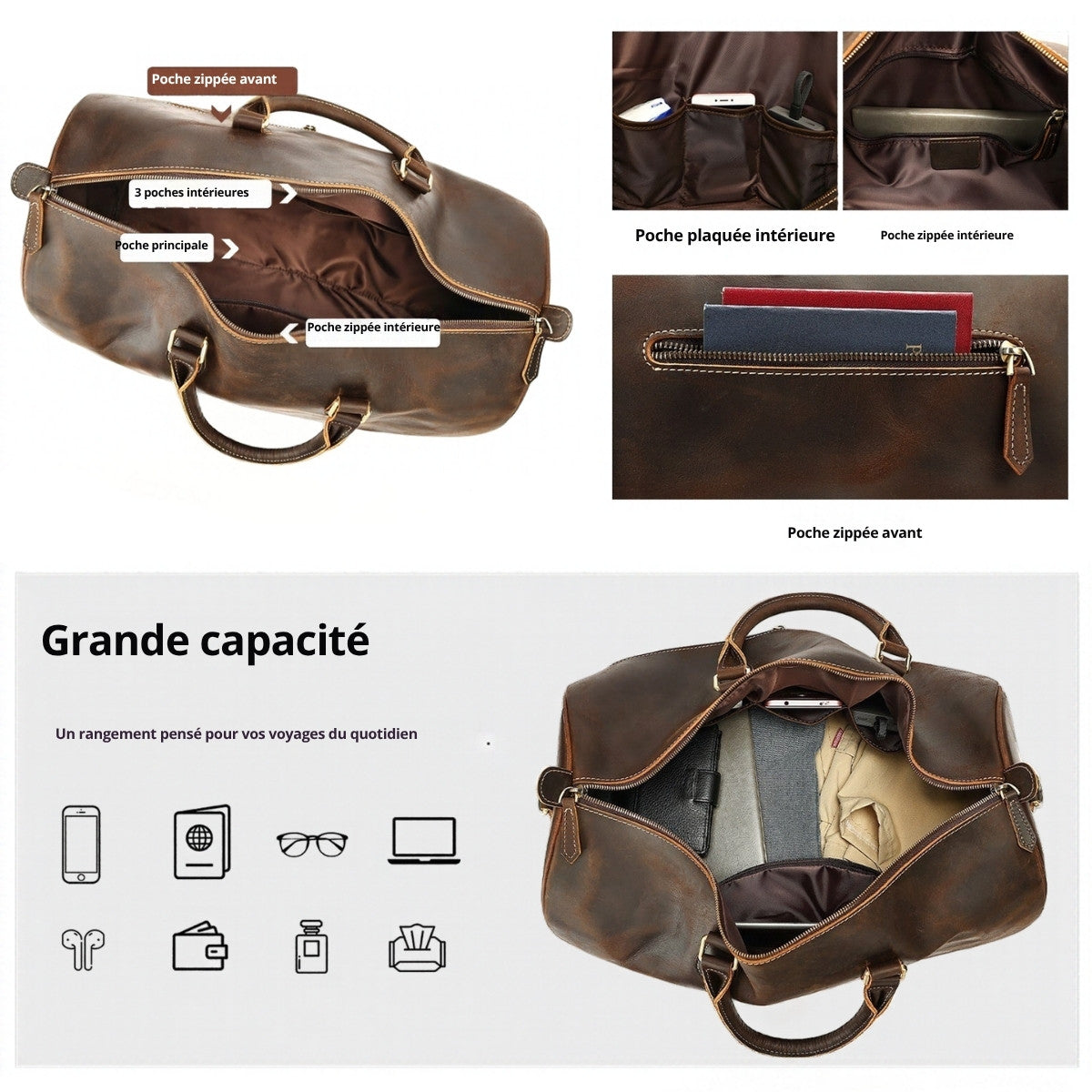 Sac week-end Saint-Germain, poches intérieures et grande capacité – Velina Paris