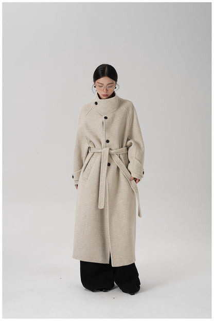 Stand-collar Long Double-faced Wool Coat