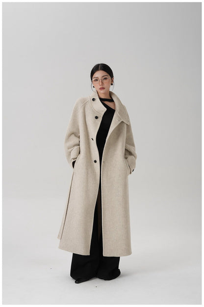 Stand-collar Long Double-faced Wool Coat