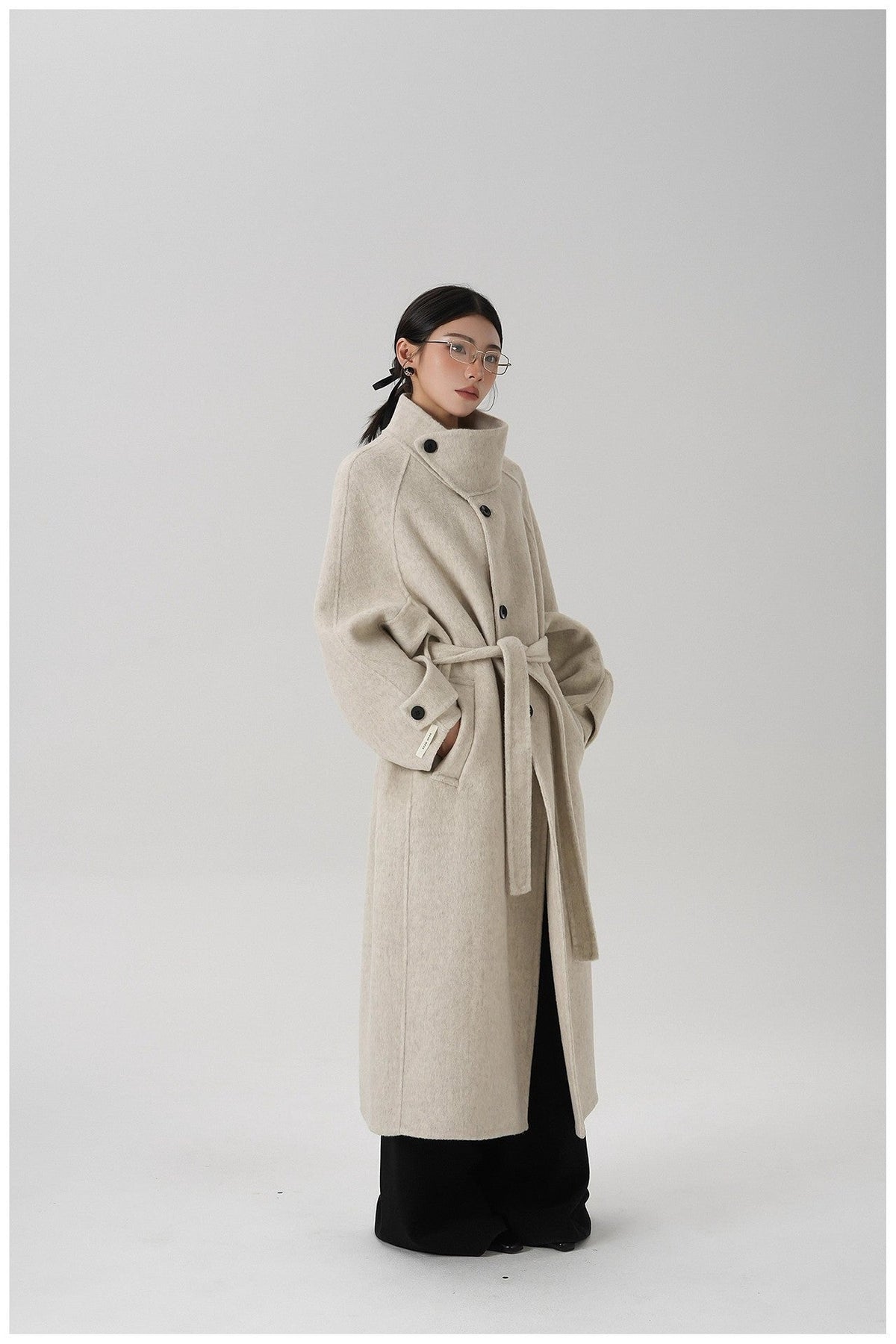 Stand-collar Long Double-faced Wool Coat