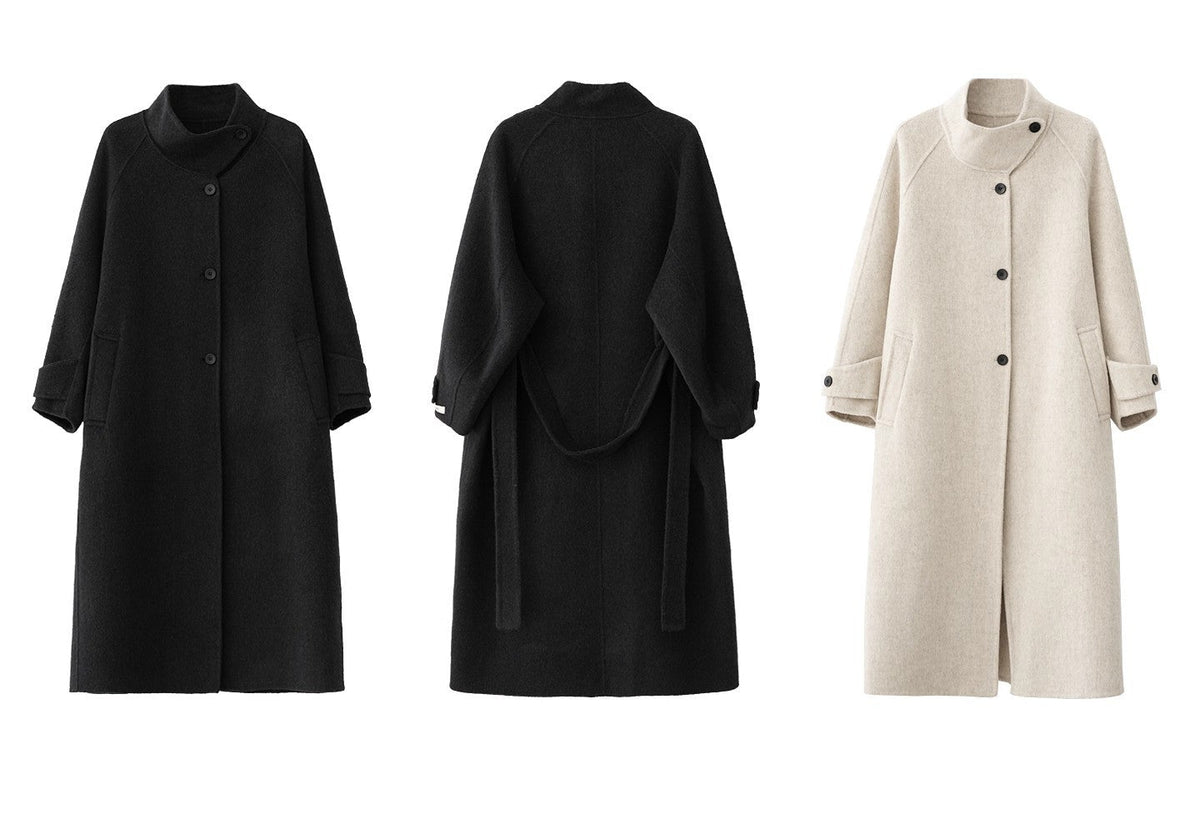 Stand-collar Long Double-faced Wool Coat