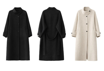 Stand-collar Long Double-faced Wool Coat