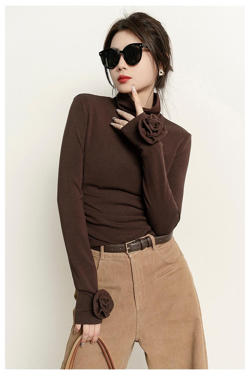 Brown Micro Velvet Lined Turtleneck Bottoming Shirt For Women